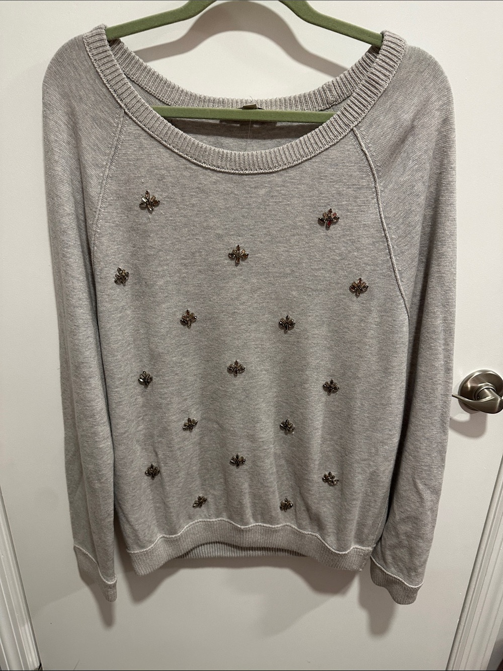 LOFT Embellished Light Gray Crewneck Sweater